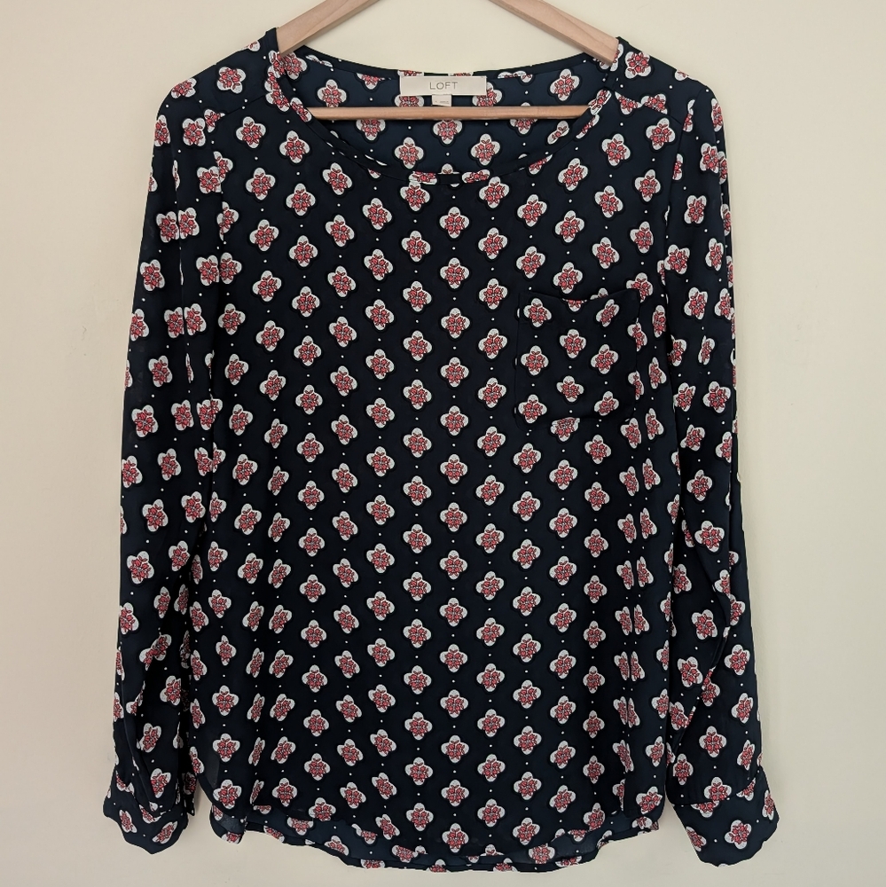 LOFT Navy Floral Blouse - Small